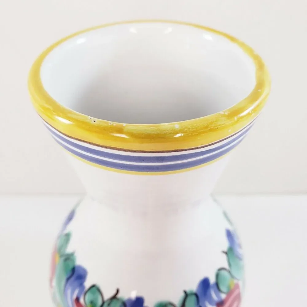 Italian Pottery Floral Vase Pink Flowers Yellow Blue Stripes Tuscan Old World